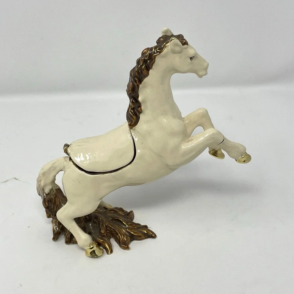 Vintage Enamel Rearing Horse Trinket Box White Stallion Jeweled Eye - AS IS